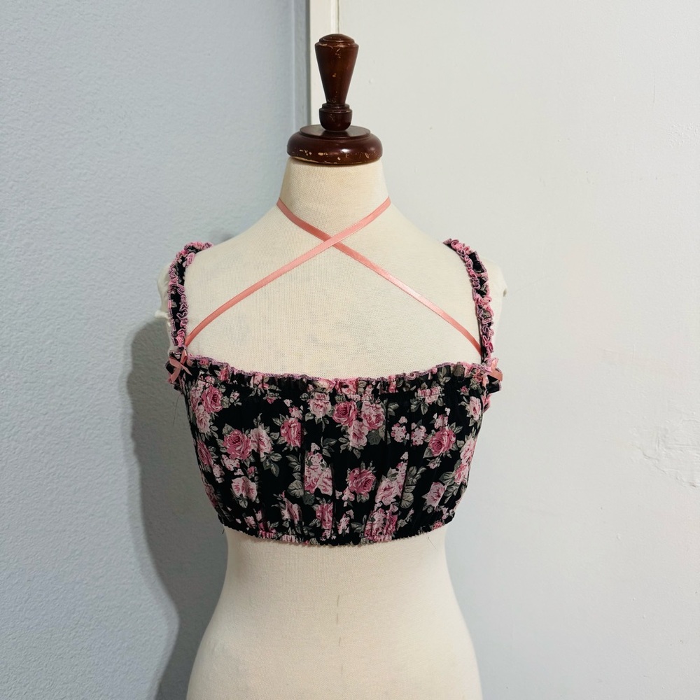 Cider Women‎ Floral Black and Pink Spaguetti straps Cropped Tank Top Size S